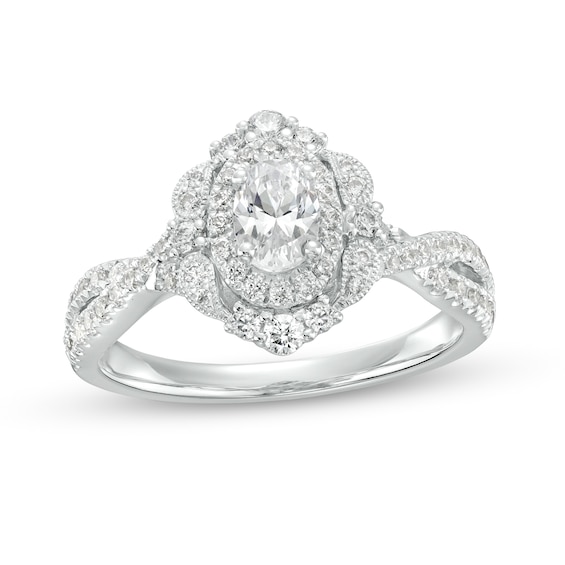 1 CT. T.w. Oval Diamond Double Frame Twist Shank Paisley Engagement Ring in 14K White Gold (I/I2)