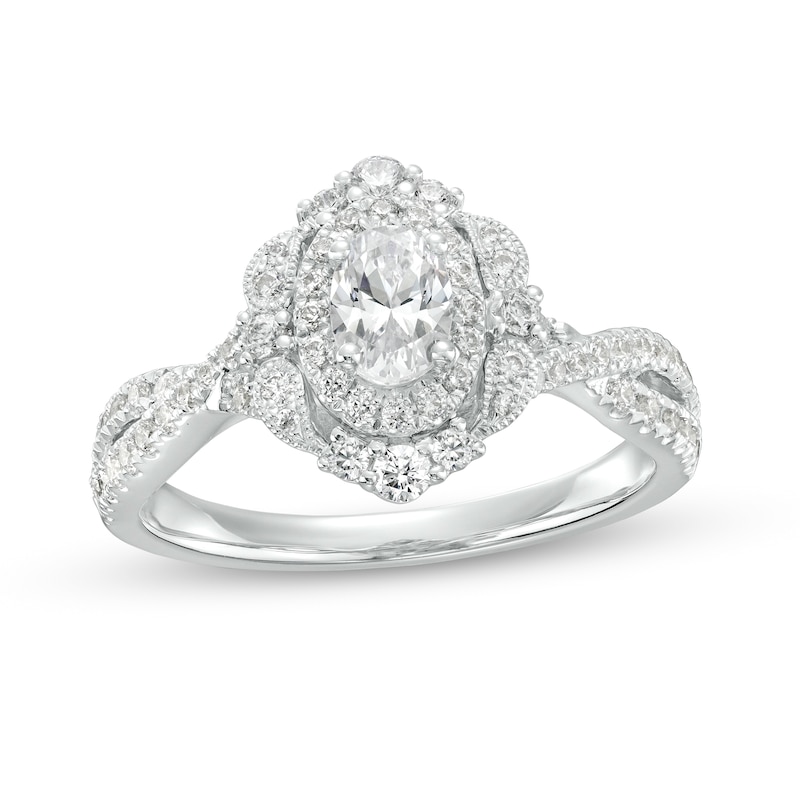 Main Image 1 of 1 CT. T.W. Oval Diamond Double Frame Twist Shank Paisley Engagement Ring in 14K White Gold (I/I2)