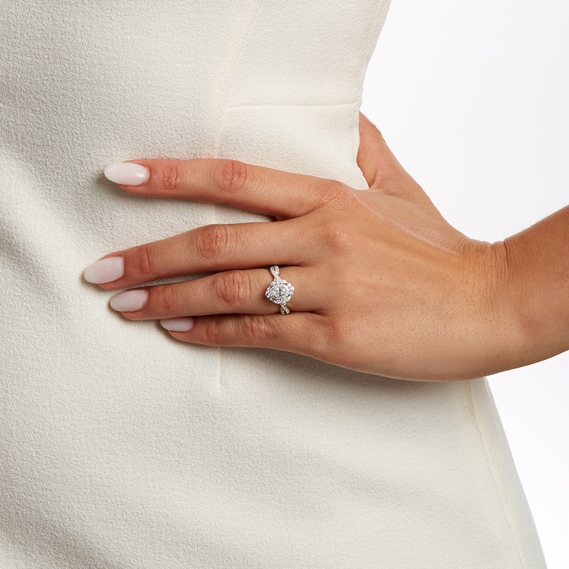 Main Image 2 of 1 CT. T.W. Oval Diamond Double Frame Twist Shank Paisley Engagement Ring in 14K White Gold (I/I2)