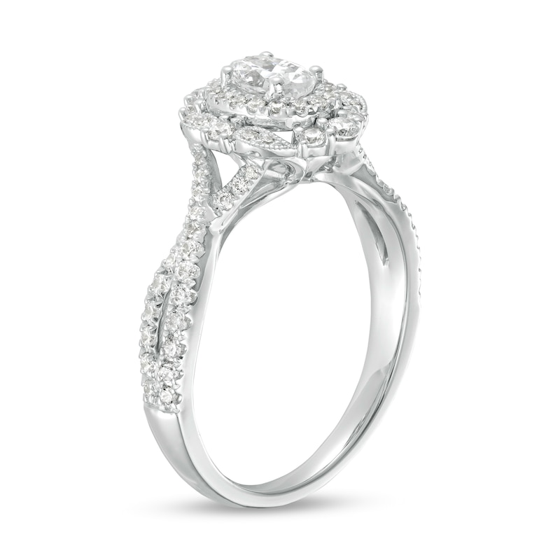 Main Image 3 of 1 CT. T.W. Oval Diamond Double Frame Twist Shank Paisley Engagement Ring in 14K White Gold (I/I2)