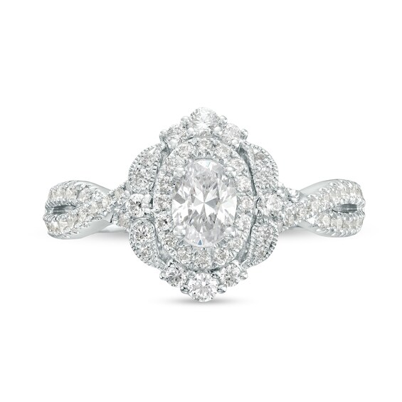 1 CT. T.w. Oval Diamond Double Frame Twist Shank Paisley Engagement Ring in 14K White Gold (I/I2)