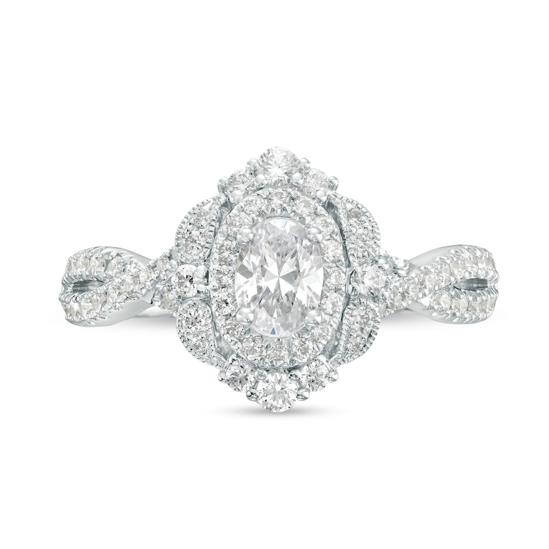 Main Image 4 of 1 CT. T.W. Oval Diamond Double Frame Twist Shank Paisley Engagement Ring in 14K White Gold (I/I2)
