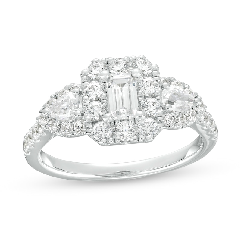 Main Image 1 of 1-1/2 CT. T.W. Emerald-Cut Diamond Frame Past Present Future® Engagement Ring in 14K White Gold