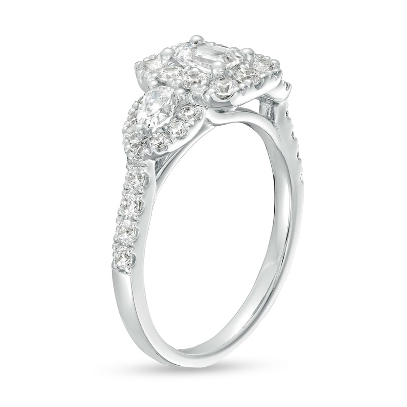 Main Image 3 of 1-1/2 CT. T.W. Emerald-Cut Diamond Frame Past Present Future® Engagement Ring in 14K White Gold