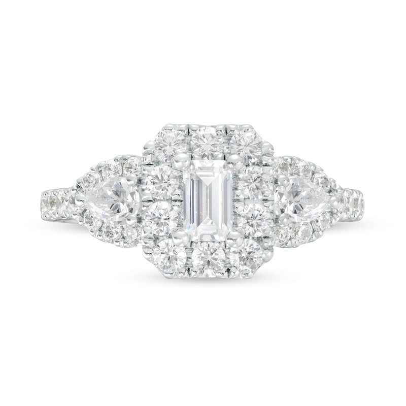 Main Image 4 of 1-1/2 CT. T.W. Emerald-Cut Diamond Frame Past Present Future® Engagement Ring in 14K White Gold