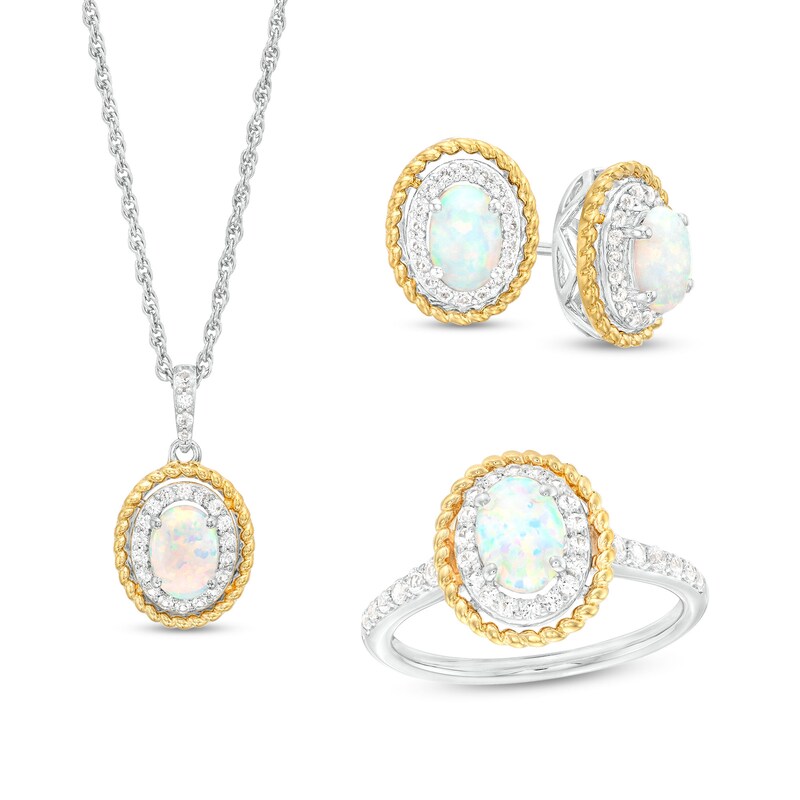 Oval Lab-Created Opal and White Lab-Created Sapphire Frame Three Piece Set in Sterling Silver with 14K Gold Plate - Size 7