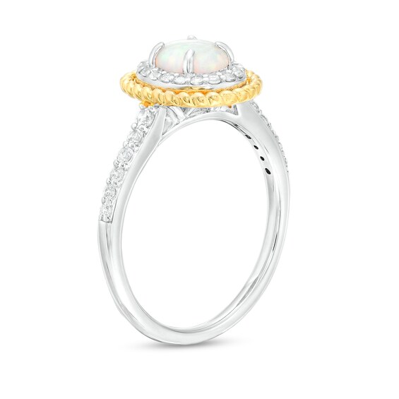 Oval Lab-Created Opal and White Lab-Created Sapphire Frame Three Piece Set in Sterling Silver with 14K Gold Plate - Size 7