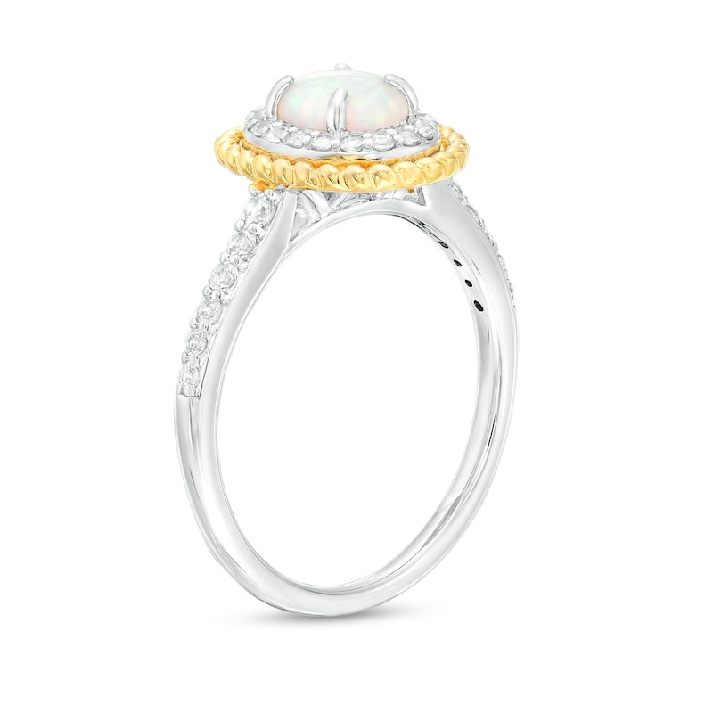 Main Image 3 of Oval Lab-Created Opal and White Lab-Created Sapphire Frame Three Piece Set in Sterling Silver with 14K Gold Plate - Size 7