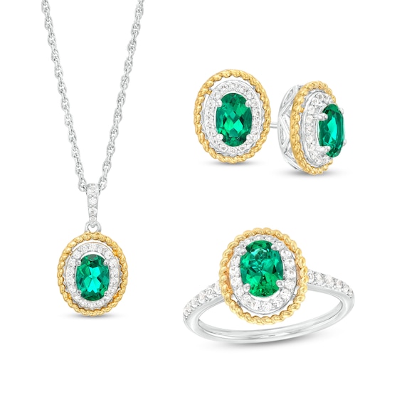 Oval Lab-Created Emerald Rope-Textured Frame Three Piece Set in Sterling Silver with 14K Gold Plate â Size 7