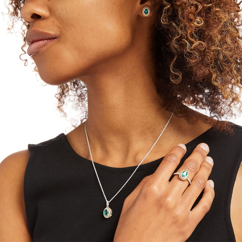 Main Image 2 of Oval Lab-Created Emerald Rope-Textured Frame Three Piece Set in Sterling Silver with 14K Gold Plate – Size 7