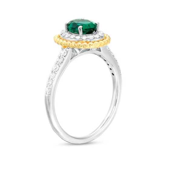 Oval Lab-Created Emerald Rope-Textured Frame Three Piece Set in Sterling Silver with 14K Gold Plate â Size 7