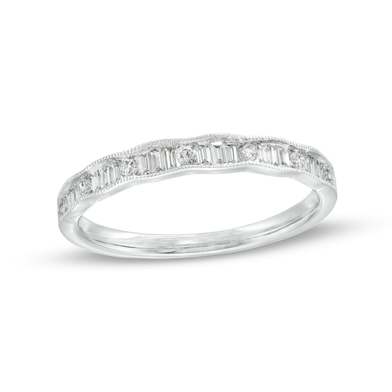 1/4 CT. T.w. Baguette and Round Diamond Scallop Edge Anniversary Band in 14K White Gold