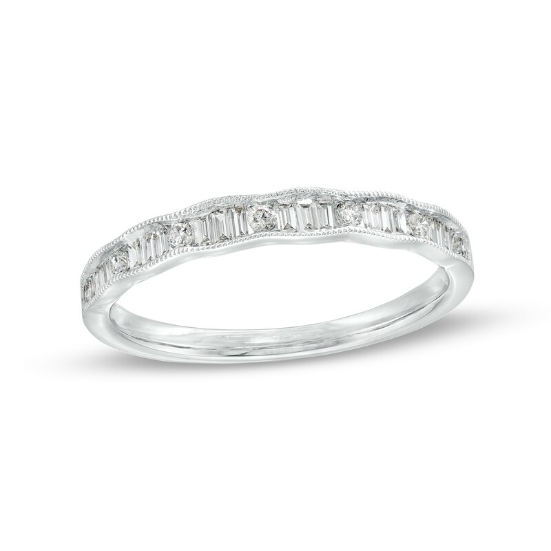 Main Image 1 of 1/4 CT. T.W. Baguette and Round Diamond Scallop Edge Anniversary Band in 14K White Gold