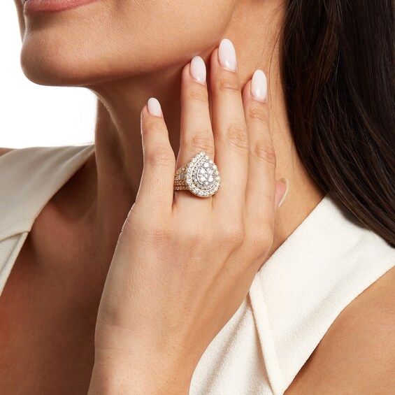 5 CT. T.w. Pear-Shaped Multi-Diamond Double Frame Multi-Row Engagement Ring in 14K Gold (I/I2)
