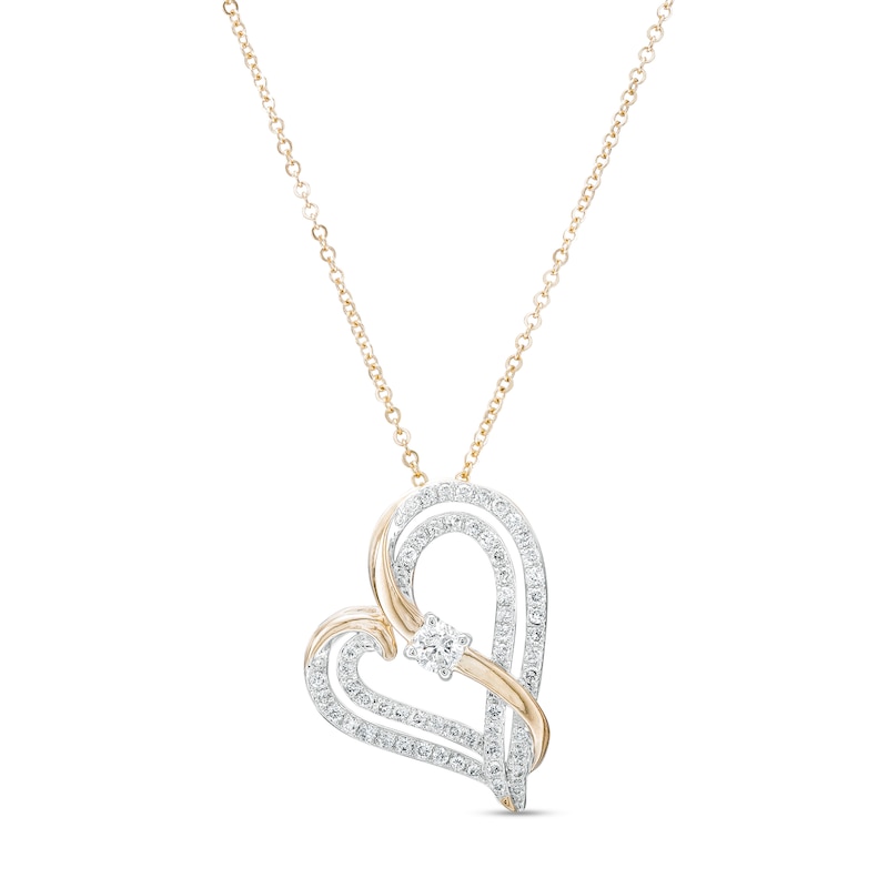 Main Image 1 of Two in Love 1/2 CT. T.W. Diamond Crossover Ribbon Tilted Double Loop Heart Pendant in 10K Gold – 19"