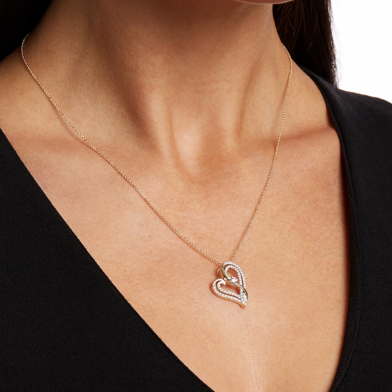 Main Image 2 of Two in Love 1/2 CT. T.W. Diamond Crossover Ribbon Tilted Double Loop Heart Pendant in 10K Gold – 19"