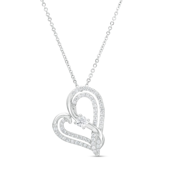 Two in Love 1 CT. T.w. Diamond Crossover Ribbon Tilted Double Loop Heart Pendant in 10K White Gold â 19"