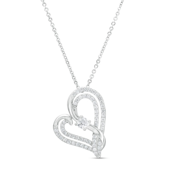 Two In Love 1 CT. T.w. Diamond Crossover Ribbon Tilted Double Loop Heart Pendant In 10K White Gold â 19