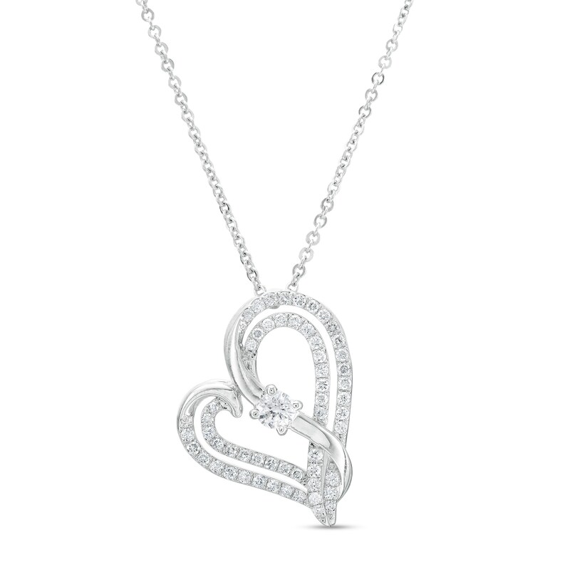 Main Image 1 of Two in Love 1 CT. T.W. Diamond Crossover Ribbon Tilted Double Loop Heart Pendant in 10K White Gold – 19"
