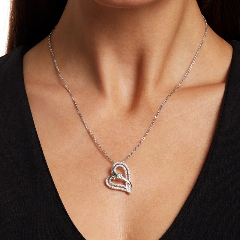 Main Image 2 of Two in Love 1 CT. T.W. Diamond Crossover Ribbon Tilted Double Loop Heart Pendant in 10K White Gold – 19"