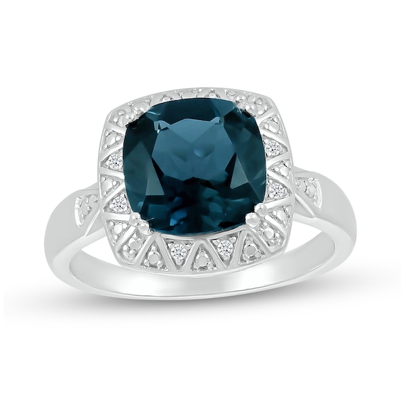 9.0mm Cushion-Cut London Blue Topaz And Diamond Accent Beaded Zig-Zag Frame Ring In Sterling Silver