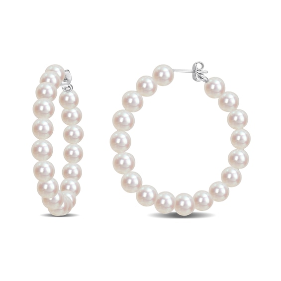 6.0-6.5mm Freshwater Cultured Pearl Hoop Earrings in Sterling Silver