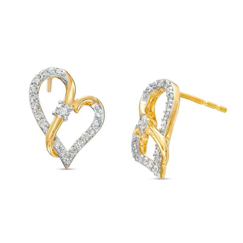 Two in Love 1/4 CT. T.W. Diamond Crossover Ribbon Loop Heart Stud Earrings in 10K Gold