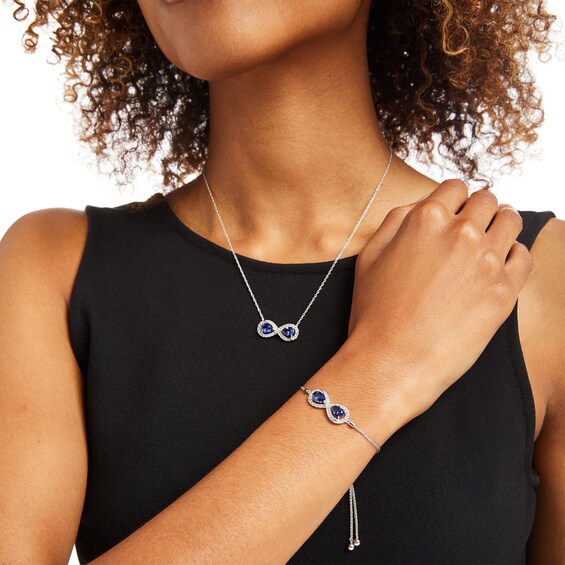 Pear-Shaped Blue and White Lab-Created Sapphire Infinity Loop Necklace and Bolo Bracelet Set in Sterling Silver