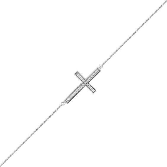 1/8 CT. T.W. Diamond Sideways Cross Bracelet in 10K White Gold - 7.25"