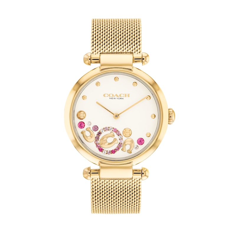 Ladies' Coach Cary Crystal Accent Horseshoe Gold-Tone IP Mesh Watch with  Silver-Tone Dial (Model: 14504003) | Zales