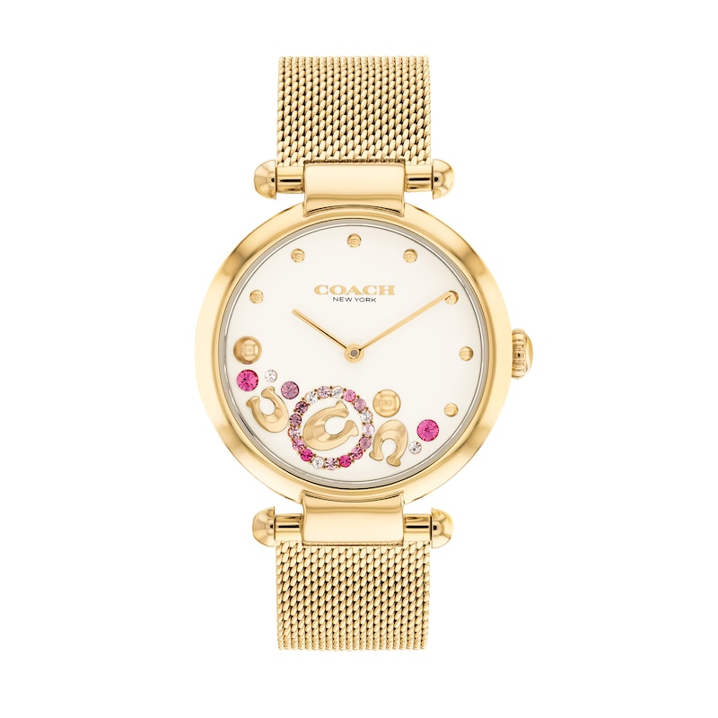 Ladies' Coach Cary Crystal Accent Horseshoe Gold-Tone IP Mesh Watch with Silver-Tone Dial (Model: 14504003)