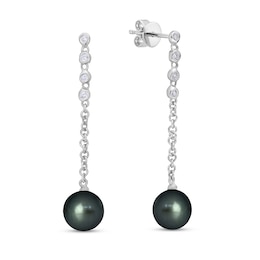 9.0mm Black Cultured Tahitian Pearl and 1/5 CT. T.W Diamond Graduated Drop Earrings in 10K White Gold