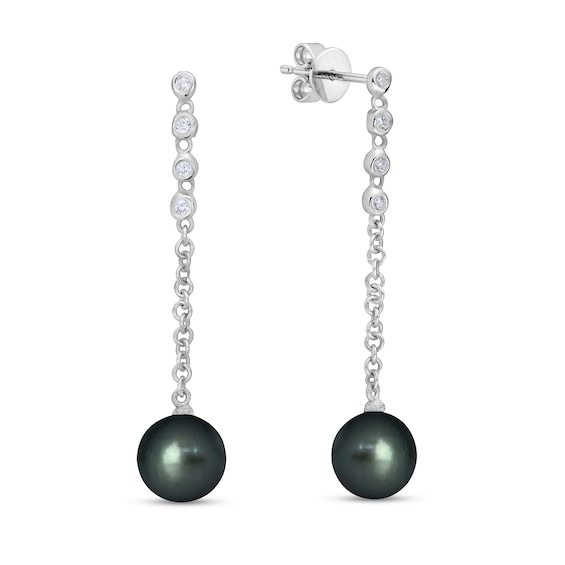 9.0mm Black Tahitian Cultured Pearl and 1/5 CT. T.W Diamond Graduated Drop Earrings in 10K White Gold