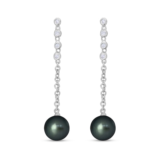 9.0mm Black Tahitian Cultured Pearl and 1/5 CT. T.W Diamond Graduated Drop Earrings in 10K White Gold