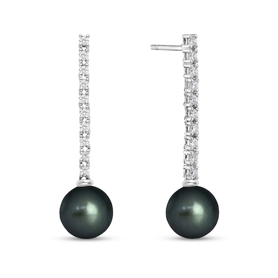 9.0mm Black Tahitian Cultured Pearl and 1/2 CT. T.w. Diamond Stick Drop Earrings in 10K White Gold