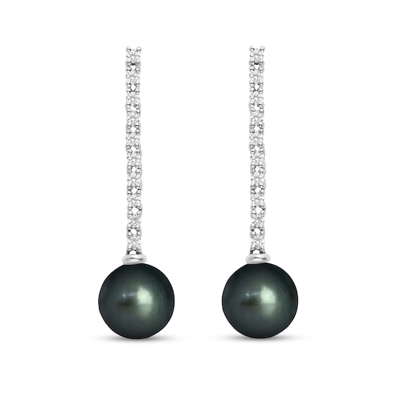 9.0mm Black Tahitian Cultured Pearl and 1/2 CT. T.w. Diamond Stick Drop Earrings in 10K White Gold
