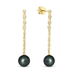 9.0mm Black Cultured Tahitian Pearl and 1/5 CT. T.W. Diamond Graduated Drop Earrings in 10K Gold