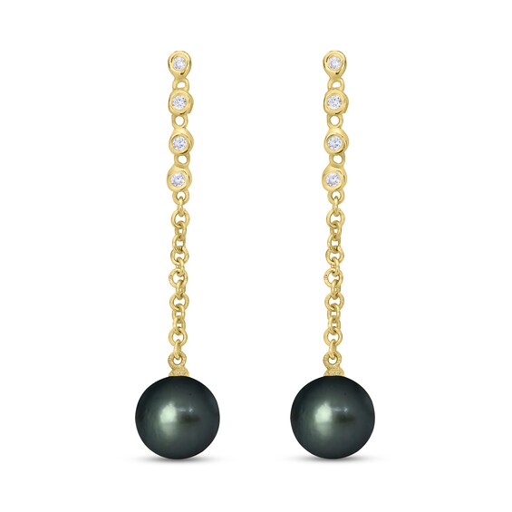 9.0mm Black Tahitian Cultured Pearl and 1/5 CT. T.w. Diamond Graduated Drop Earrings in 10K Gold