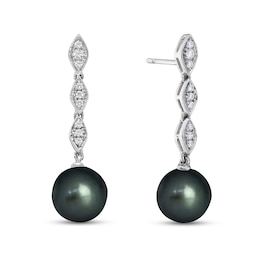 9.0mm Black Cultured Tahitian Pearl and 1/5 CT. T.W. Diamond Marquise Drop Earrings in 10K White Gold