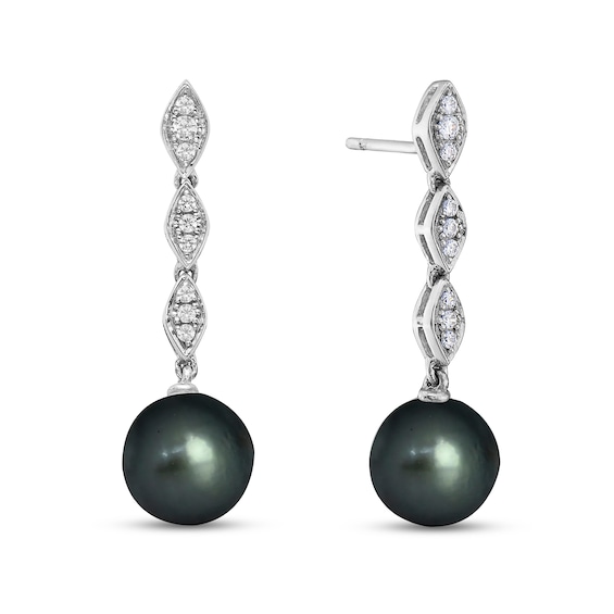 9.0mm Black Tahitian Cultured Pearl and 1/5 CT. T.w. Diamond Marquise Drop Earrings in 10K White Gold