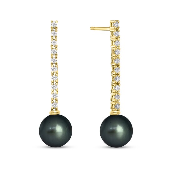 9.0mm Black Tahitian Cultured Pearl and 1/2 CT. T.w. Diamond Stick Drop Earrings in 10K Gold