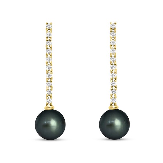 9.0mm Black Tahitian Cultured Pearl and 1/2 CT. T.w. Diamond Stick Drop Earrings in 10K Gold