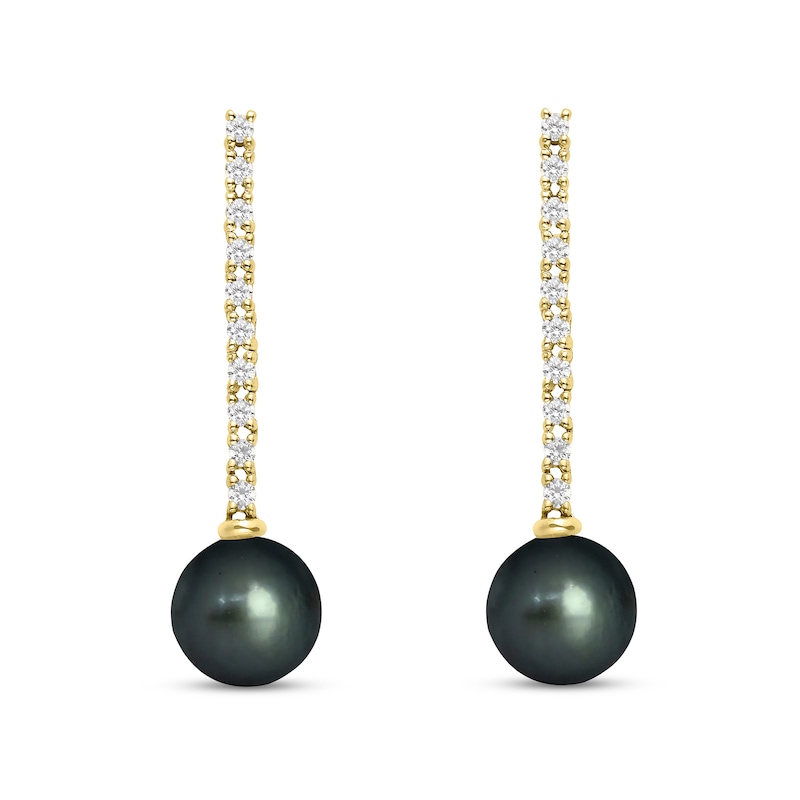 9.0mm Black Cultured Tahitian Pearl and 1/2 CT. T.W. Diamond Stick Drop Earrings in 10K Gold