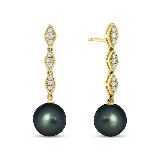 9.0mm Black Tahitian Cultured Pearl and 1/5 CT. T.w. Diamond Marquise Drop Earrings in 10K Gold