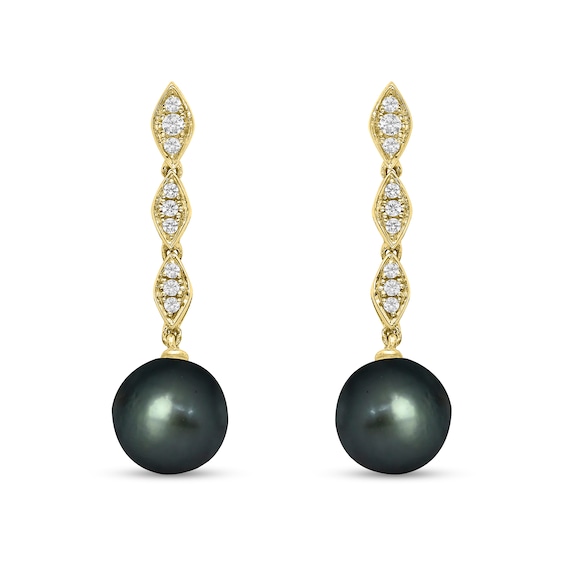 9.0mm Black Tahitian Cultured Pearl and 1/5 CT. T.w. Diamond Marquise Drop Earrings in 10K Gold