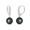 Thumbnail Image 1 of 9.0mm Black Tahitian Cultured Pearl and 1/5 CT. T.W. Diamond Double Row Curved Stick Drop Earrings in 10K White Gold