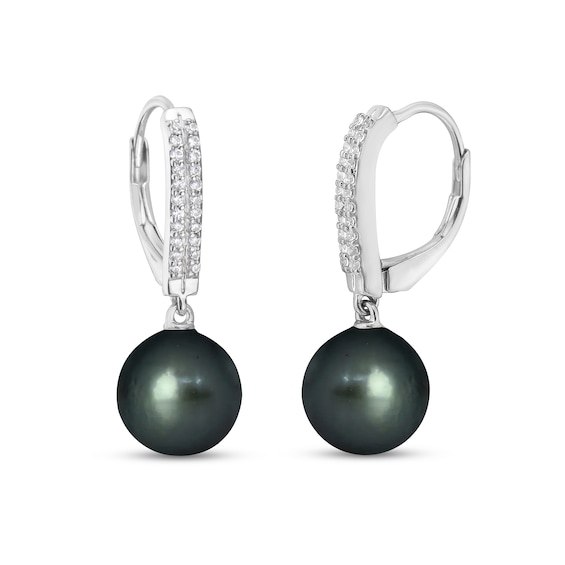 9.0mm Black Cultured Tahitian Pearl And 1/5 CT. T.w. Diamond Double Row Curved Stick Drop Earrings In 10K White Gold