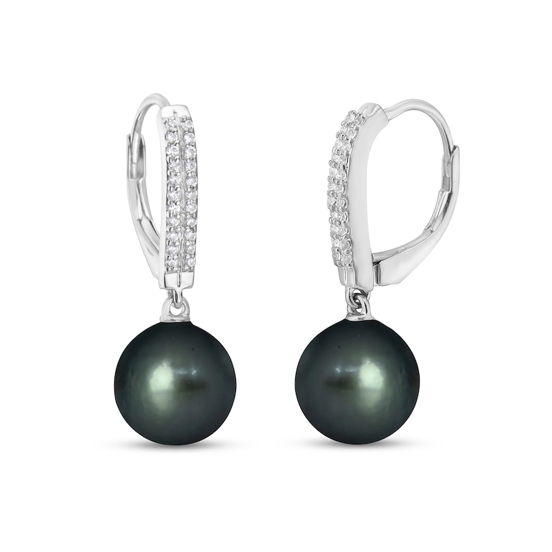 Main Image 1 of 9.0mm Black Tahitian Cultured Pearl and 1/5 CT. T.W. Diamond Double Row Curved Stick Drop Earrings in 10K White Gold