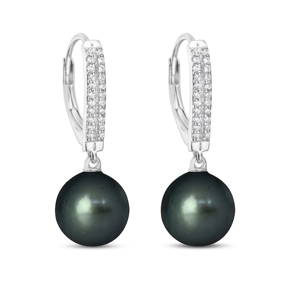 9.0mm Black Tahitian Cultured Pearl and 1/5 CT. T.w. Diamond Double Row Curved Stick Drop Earrings in 10K White Gold
