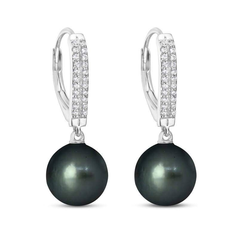Main Image 2 of 9.0mm Black Tahitian Cultured Pearl and 1/5 CT. T.W. Diamond Double Row Curved Stick Drop Earrings in 10K White Gold